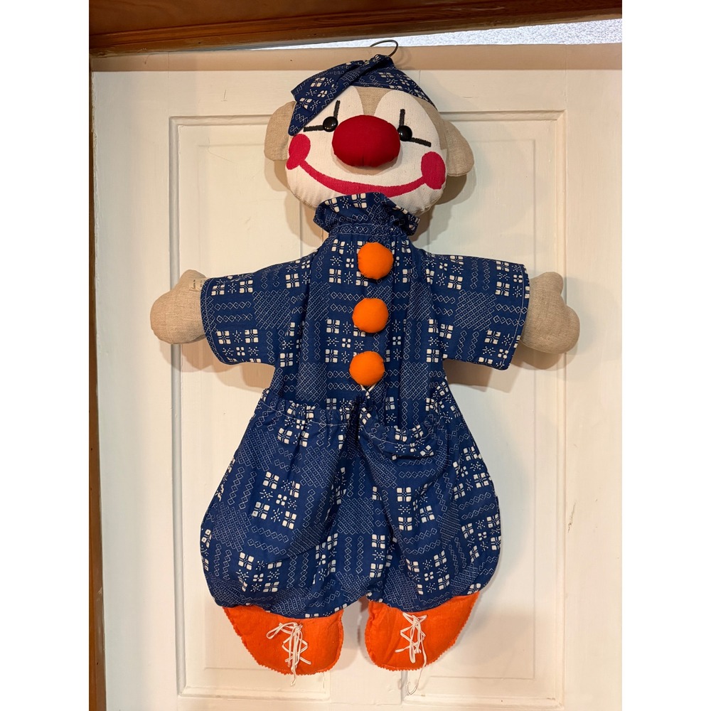 Vintage Zadruha Praha Handmade Fabric Clown Pajama Bag Blue Folk Art Czech